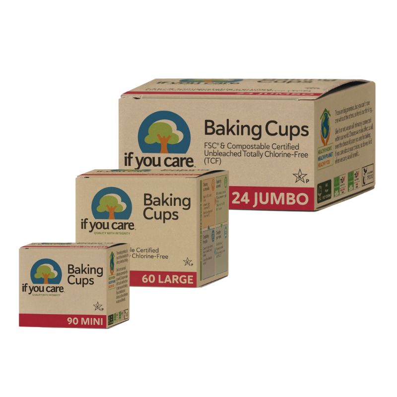 If You Care Baking Cups - Mini, Large, and Jumbo box packaging showing pack sizes and eco-friendly certifications.