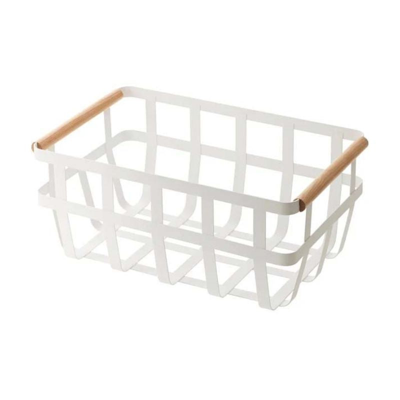 Kate’s Kitchen Metal Basket with Wooden Handles in white, empty, side angle on white background.