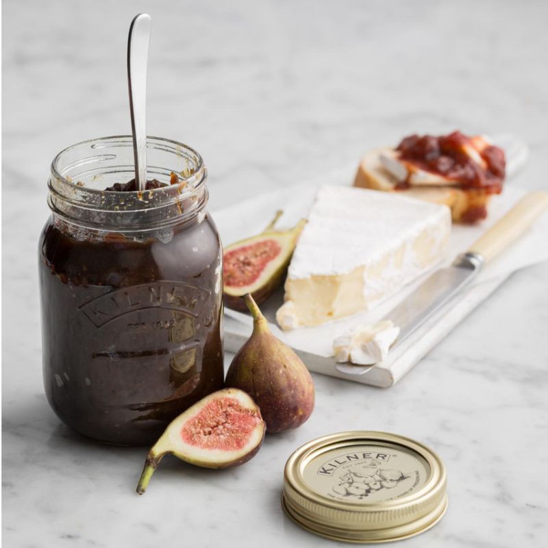 Fig jam in a 500mL Kilner Genuine Preserve Jar shown with a cheese platter board - NZ