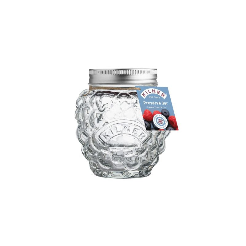 Kilner Berry Fruit Preserve Jar, 400 mL, with embossed berry design and metal screw band lid.