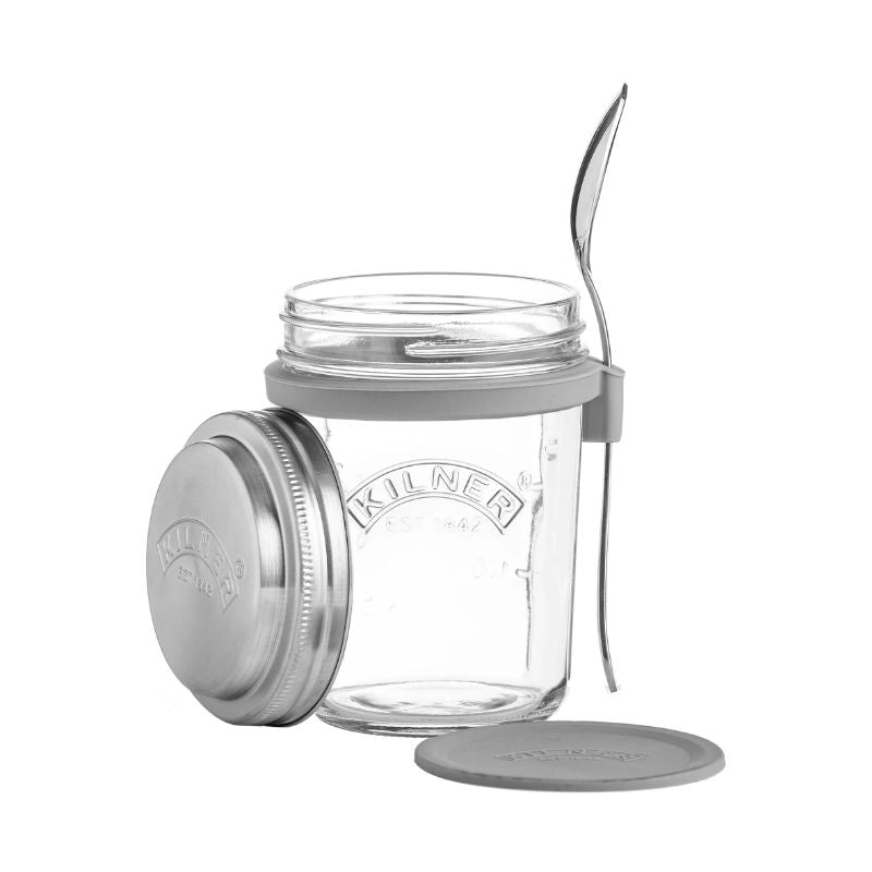 Kilner 350 mL Breakfast Jar with lid and spoon placed beside it, ready for use.