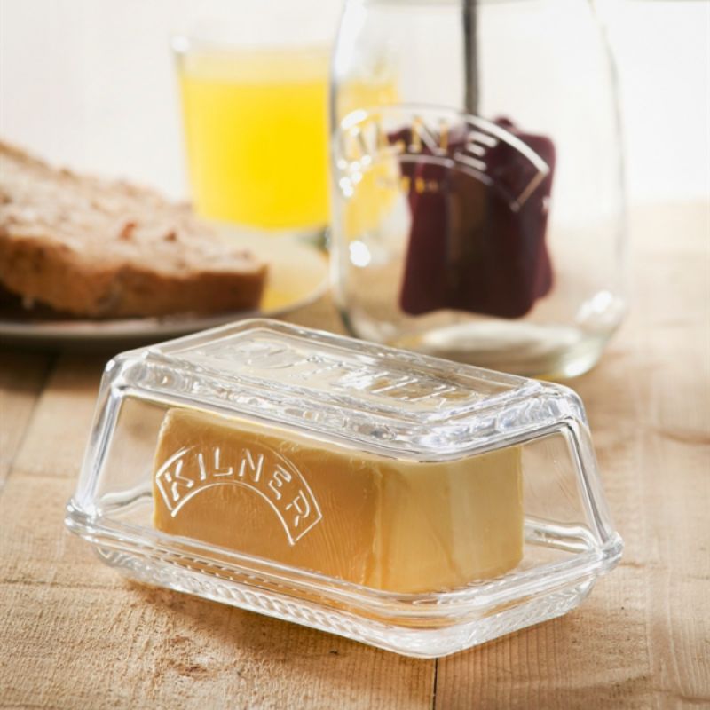 Glass Butter Dish with ridges on the base and Kilner logo on the front