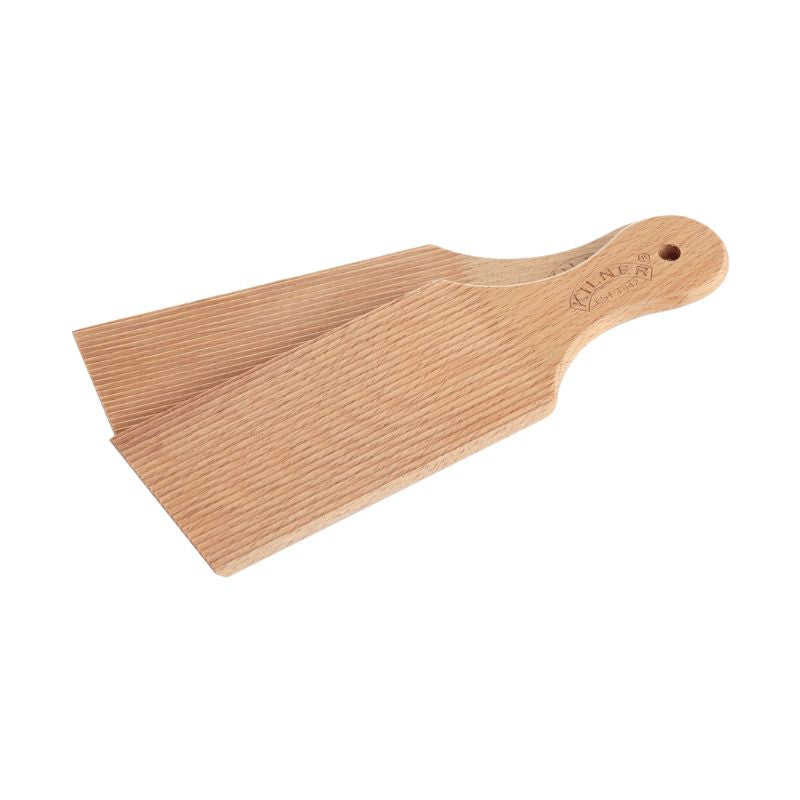 Pair of Kilner wooden butter paddles with grooved surfaces, placed side by side on a white background.