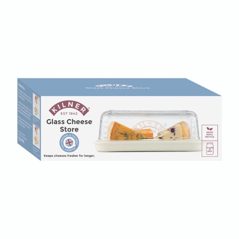 Kilner Cheese Store product packaging box showing ceramic base and glass lid cheese container.