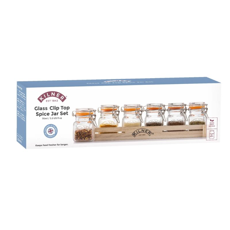 Kilner Glass Clip Top Spice Jar Set shown in retail packaging - NZ
