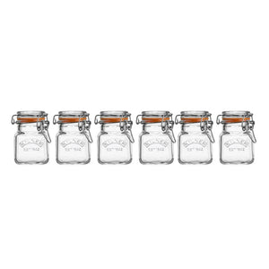 Six 70 mL Kilner square-shaped, clip top glass jars