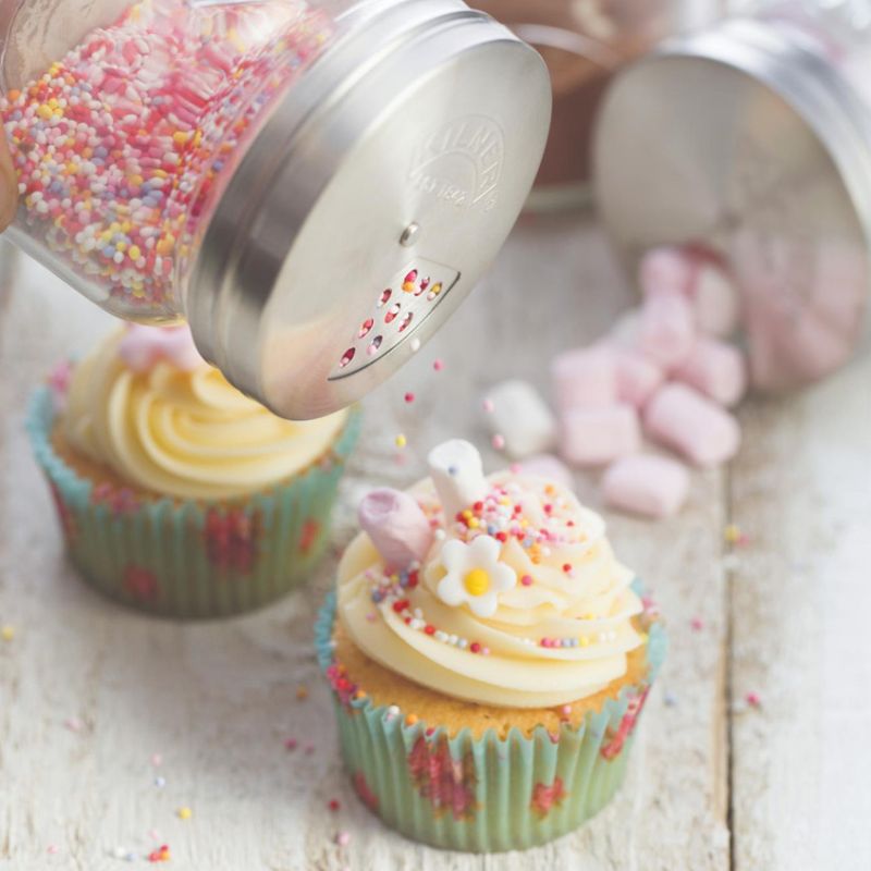 Kilner 250ml glass storage jar with stainless steel shaker lid, embossed logo on the front.