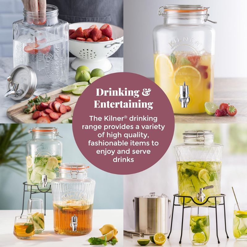 Collage of Kilner drink dispensers with fruits and drinks, the stand showing and featuring promotional text.