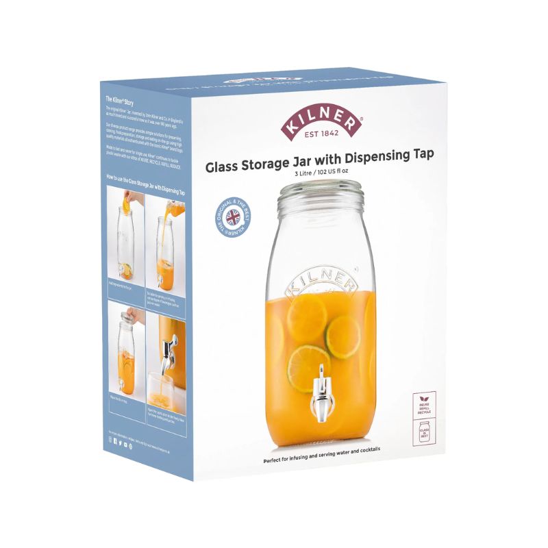 Retail packing for the Kilner 3L Glass Drinks Dispenser