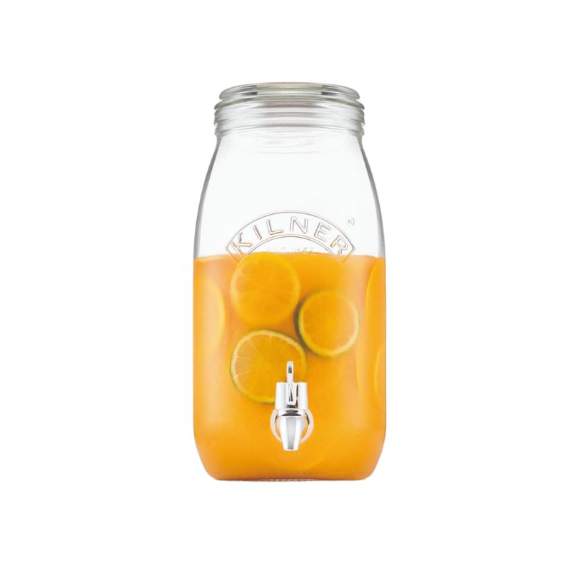 Clear glass drink dispenser by Kilner with lemon slices and a tap on a white background
