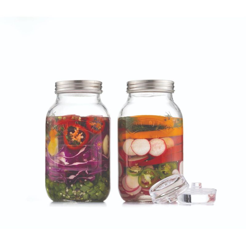Kilner regular mouth fermentation jars shown filled with vegetables