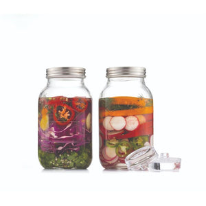 Kilner regular mouth fermentation jars shown filled with vegetables