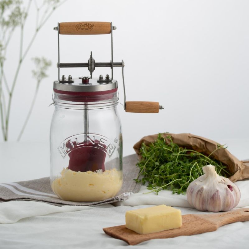 Kilner Butter Churner front view with hand-crank and paddle inside the jar