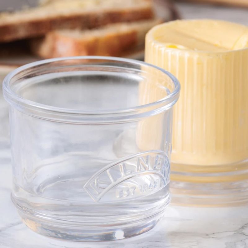 Kilner Glass Butter Crock shown empty with the lid inverted, make from clear ribber glass.