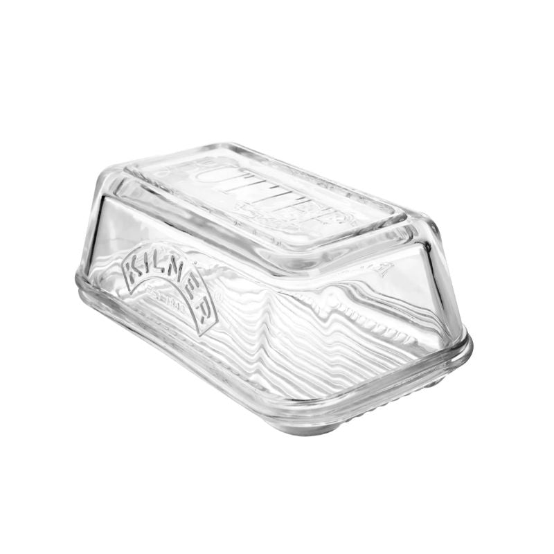 Glass Butter Dish with ridges on the base and Kilner logo on the front