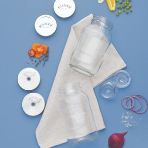 Inclusions in the Kilner Glass Fermentation Set of 2 - regular mouth jars, glass weights, fermentation lids and stainless steel storage lids