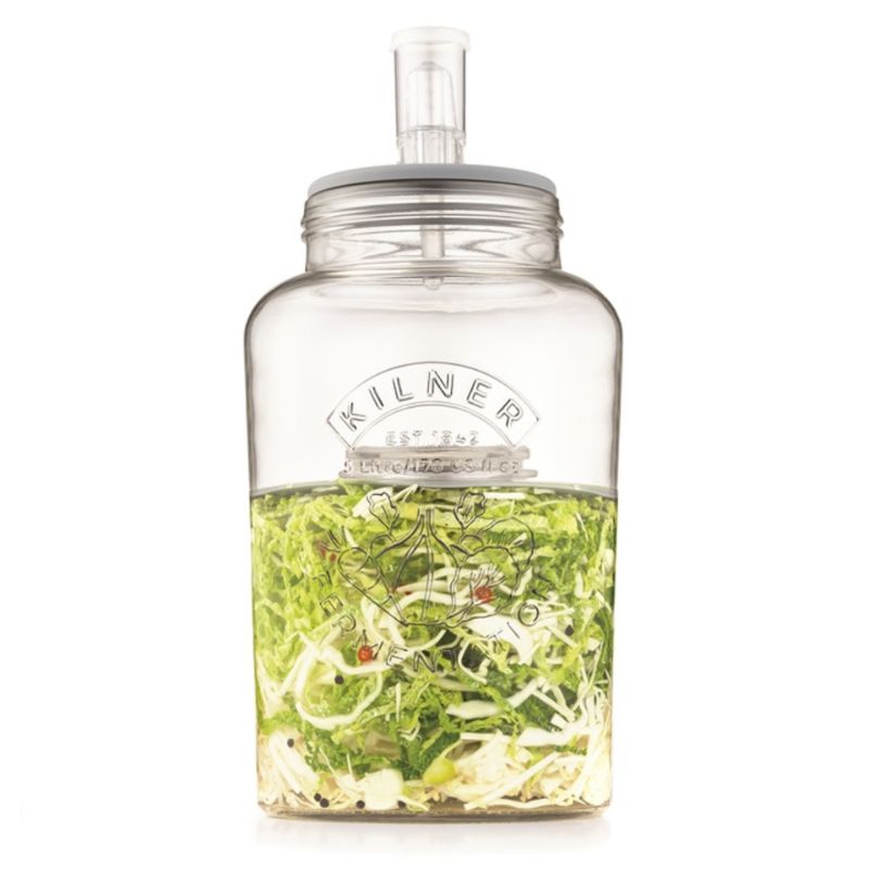 5L Kilner glass fermentation jar filled with cabbage.