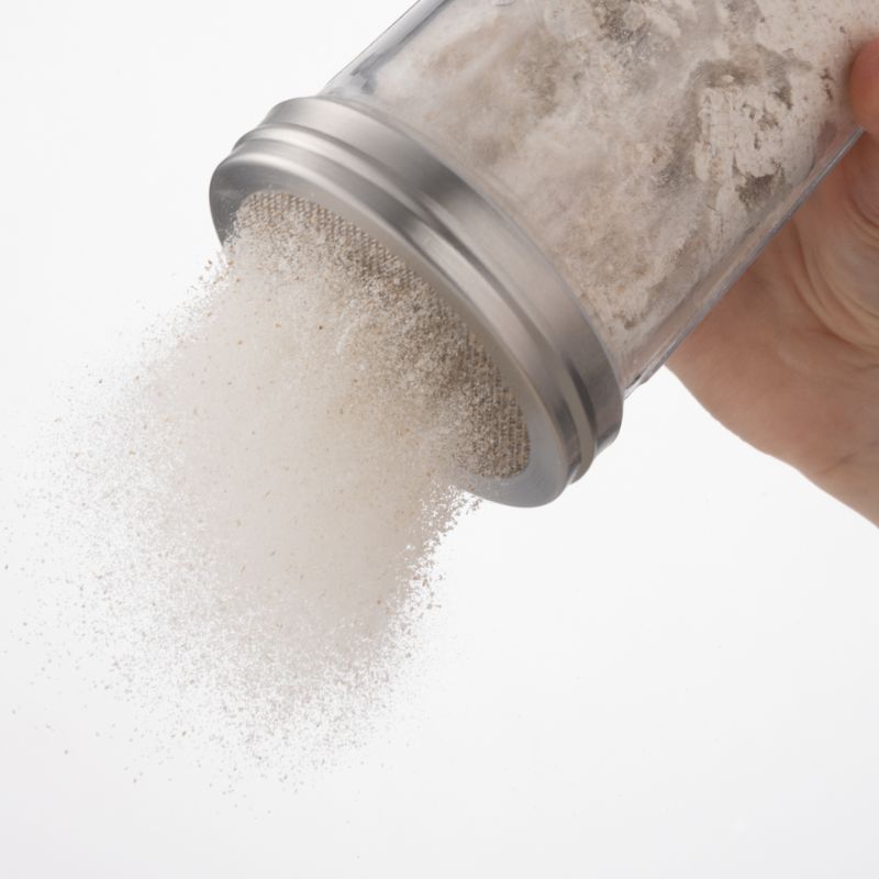 Kilner Glass Sifter Jar Set packaging showing jar filled with flour and stainless steel sifter lid.