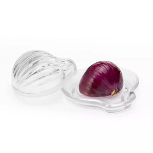 Kilner Glass Onion Keeper with an onion inside on a white background.