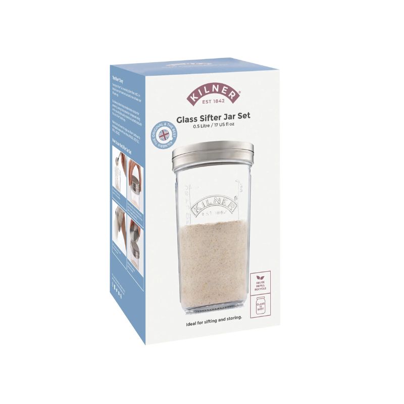 Kilner Glass Sifter Jar Set packaging showing jar filled with flour and stainless steel sifter lid.