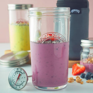 Berry yoghurt and chia seeds in a 500 mL jar with the Kilner Yoghurt Making Starter Kit in the background