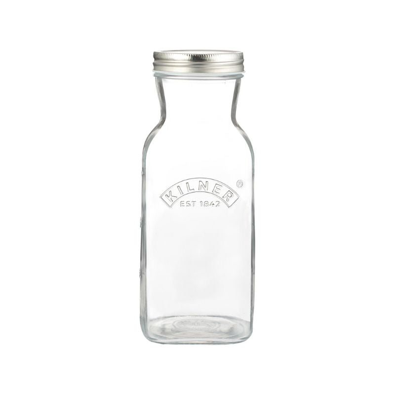 Clear glass Kilner 1L Juice & Sauce Bottle with silver one-piece lid.