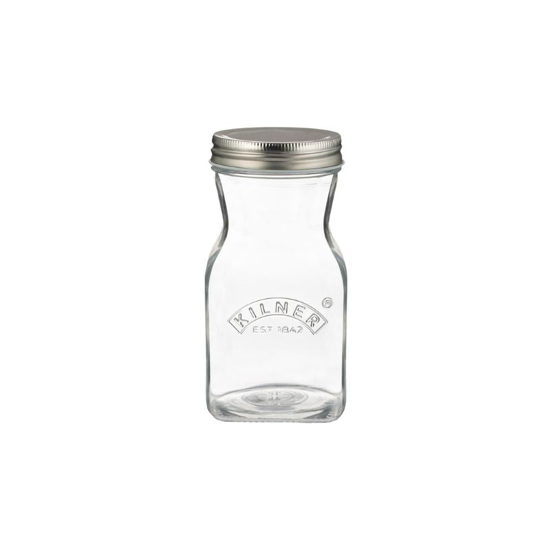Clear glass Kilner 500ml Juice & Sauce Bottle with silver one-piece lid.