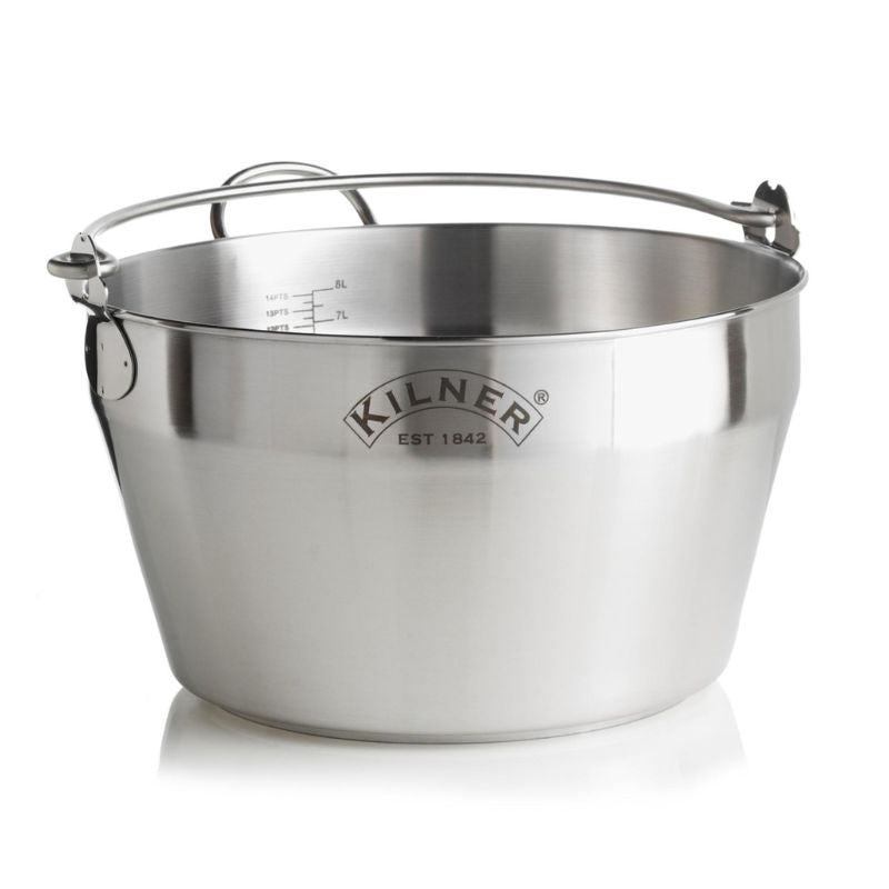 Kilner 8L Stainless Steel Preserving Pan with handles and internal measurements shown on a white background.