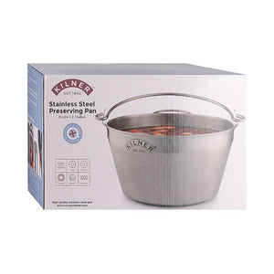 Retail packaging for the Kilner 8L Stainless Steel Preserving Pan.