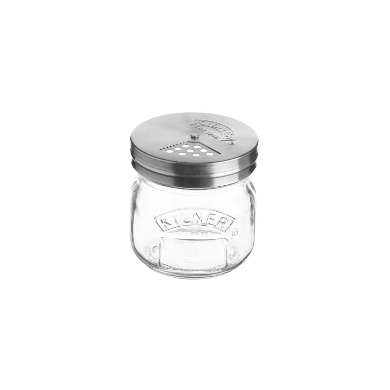 Kilner 250ml glass storage jar with stainless steel shaker lid, embossed logo on the front.