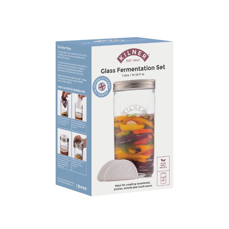 Kilner Wide Mouth Glass Fermentation Set in 1 litre size presented in a gift box.