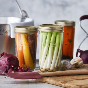 Kilner 500mL Wide Mouth Preserve Jar filled with pickled vegetables in a farmhouse style kitchen NZ
