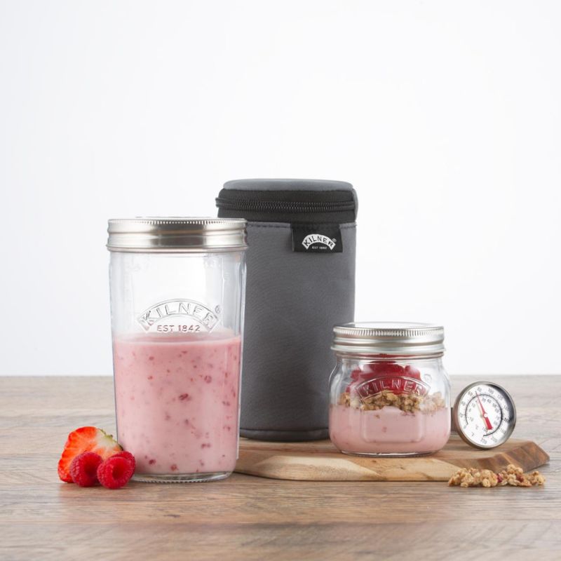 500 mL glass yoghurt making jar, 250 mL glass storage jar, thermometer, and Kilner neoprene insulating pouch - Yoghurt Making Starter Kit NZ