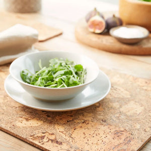 Liga cork placemat with white bowl and plate for everyday table setting.