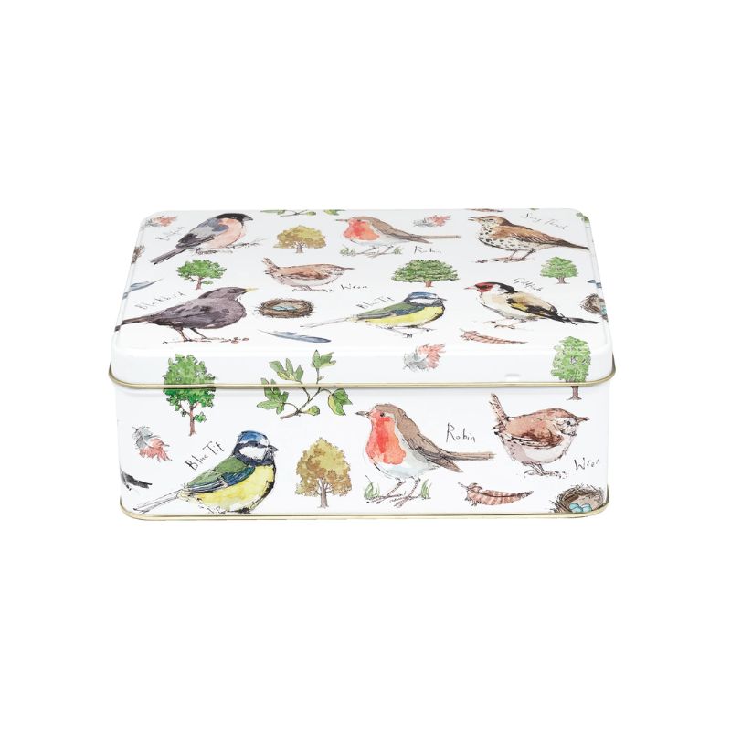Madeleine Floyd Bird Song Biscuit Tin - a white deep rectangular tin with watercolour illustrations of various birds