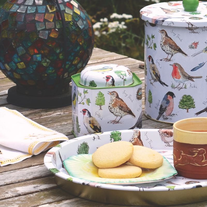 The Madeleine Floyd Bird Song Tin Tray showing illustrated birds, foliage, nest and feathers on a white tin