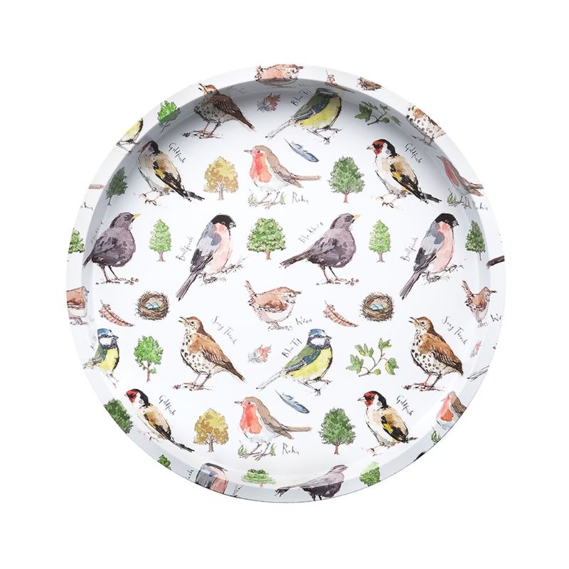 The Madeleine Floyd Bird Song Tin Tray showing illustrated birds, foliage, nest and feathers on a white tin