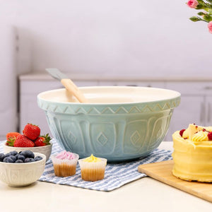 Mason Cash Powder Blue Colour Mixing Bowl (29 cm) shown next to cakes and berries.