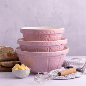 Mason Cash Powder Pink Colour Mixing Bowls in three sizes stacked together.