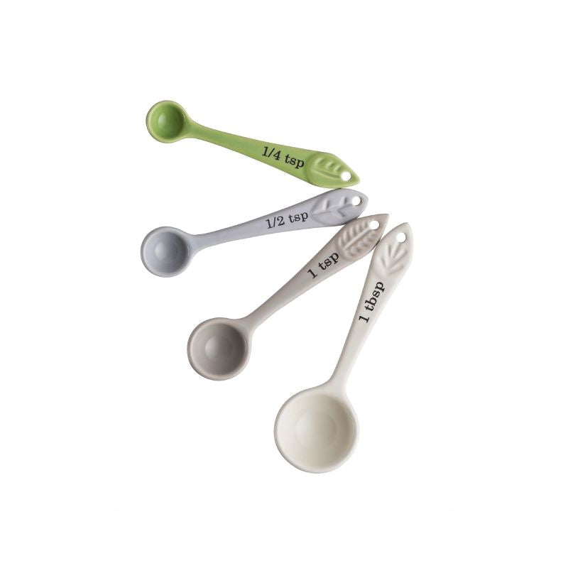 Mason Cash In The Forest Measuring Spoons (Set of 4) - stoneware spoons in green, grey, and cream with embossed leaf detail.