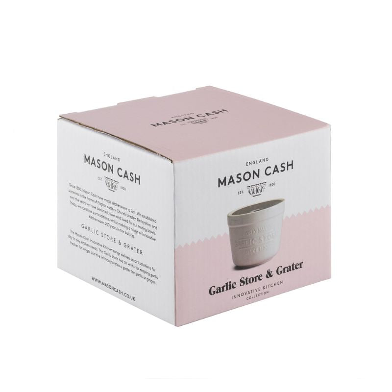 Cream ceramic garlic store and grater by Mason Cash