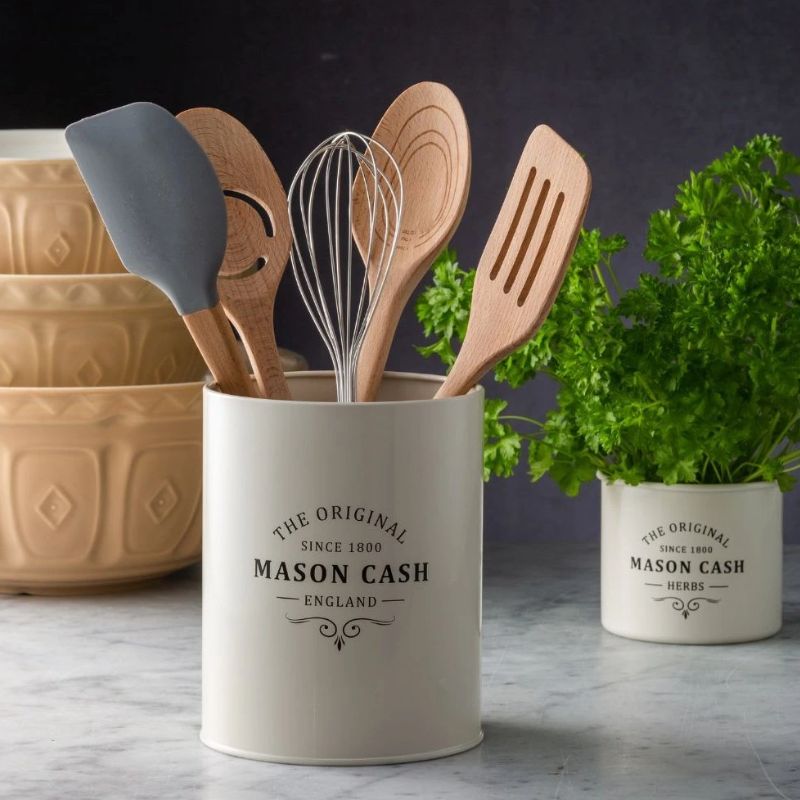 Mason Cash Heritage Utensil Pot filled with wooden spoons, whisk, and spatula on kitchen counter