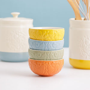 Mason Cash Home To Roost Prep Bowls shown stacked against a light blue background.