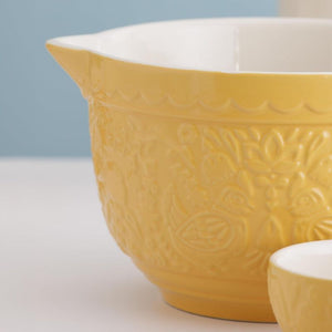 Mason Cash Home To Roost Batter Bowl shown close up to display the embossed hen details.