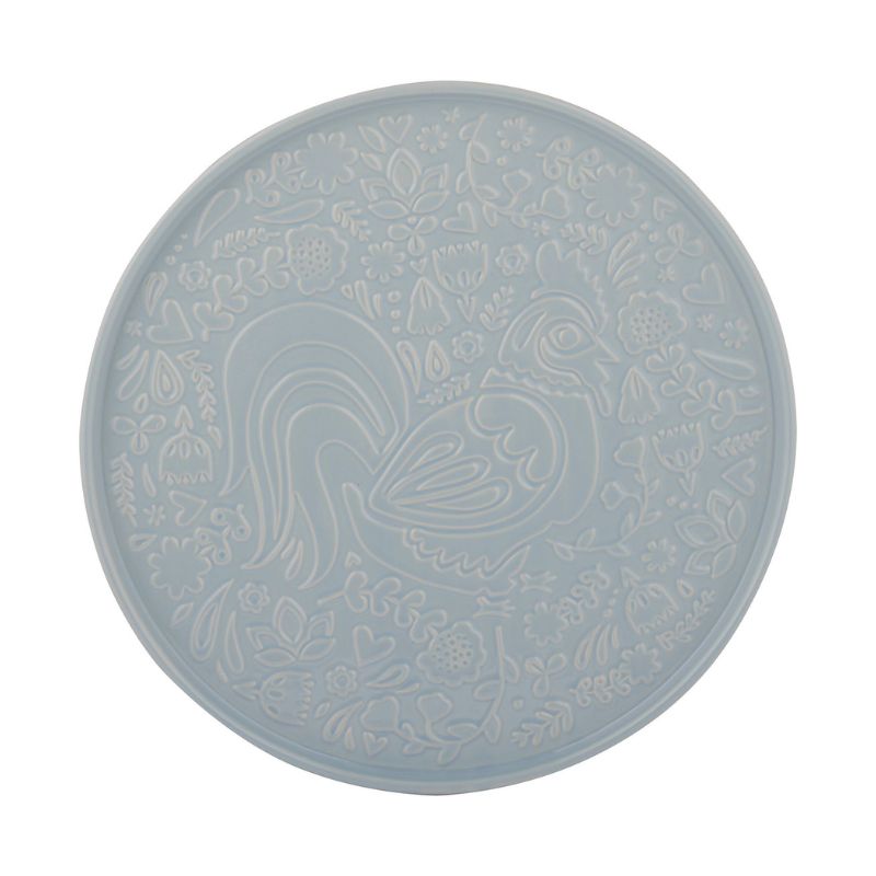 Mason Cash Home to Roost Blue Round Platter, 30 cm stoneware with embossed rooster and floral design.