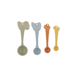 Set of four Mason Cash Home to Roost measuring spoons in green, blue, orange, and yellow