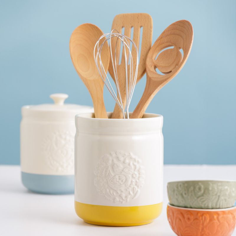 Mason Cash Home to Roost utensil pot holding wooden spoons, styled with kitchenware