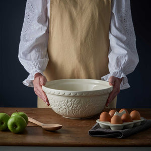 Mason Cash In the Forest Fox mixing bowl in cream styled with eggs and fruit