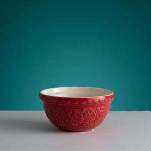 Mason Cash In The Forest Hedgehog Red Mixing Bowl on a teal and grey background