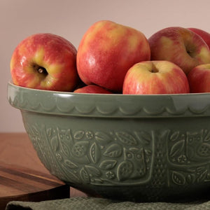 Mason Cash In The Forest Owl Mixing Bowl in Dark Green (26 cm) shown close up filled with apples.